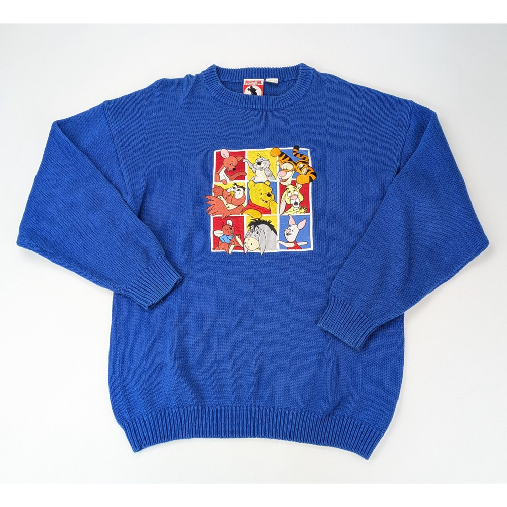 VTG Pooh & Friends Mickey Inc Sweater Adult L Blue Knit Embroidered Color Block